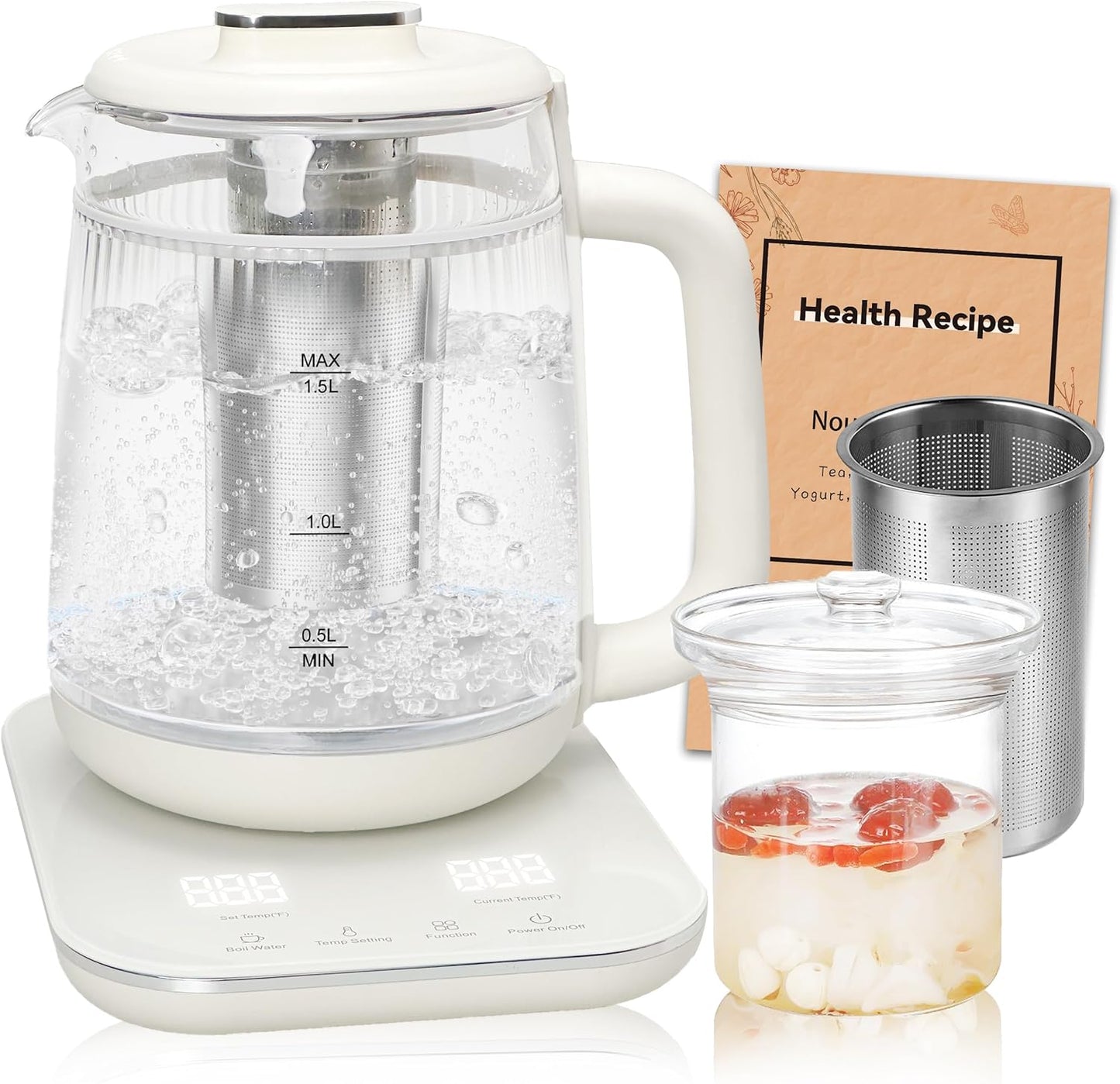 Double-Layer Electric Kettle1.5L with Stew Pot,Glass Health Pot, 9-in-1 Glass Tea Maker, Programmable Touch Panel, Stainless Steel Base for Soup, Porridge, Herbal Tea