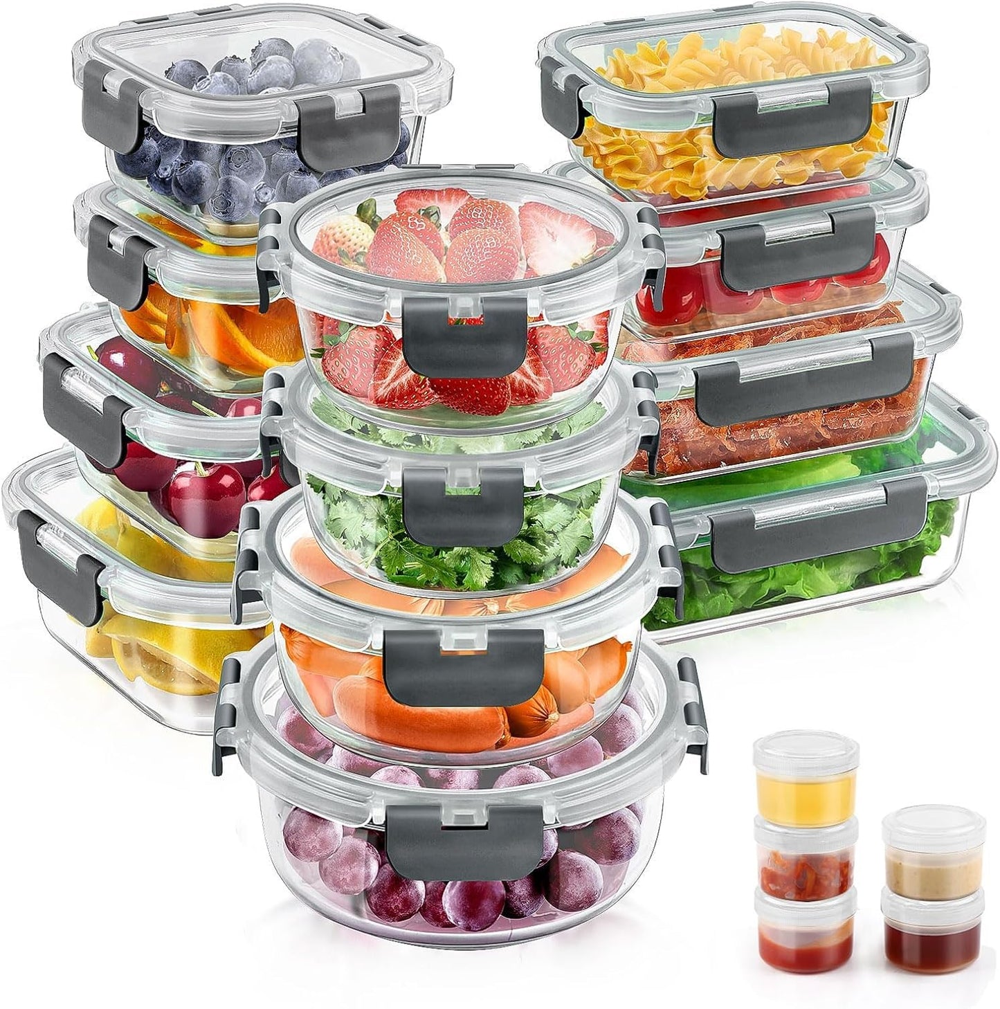 34pcs Glass Food Storage Containers with Lids Set, Airtight Glass Meal Prep Containers (17 Containers & 17 Lids), Leak Proof Lunch Containers BPA-Free, Microwave, Oven, Freezer, Dishwasher Safe-Grey
