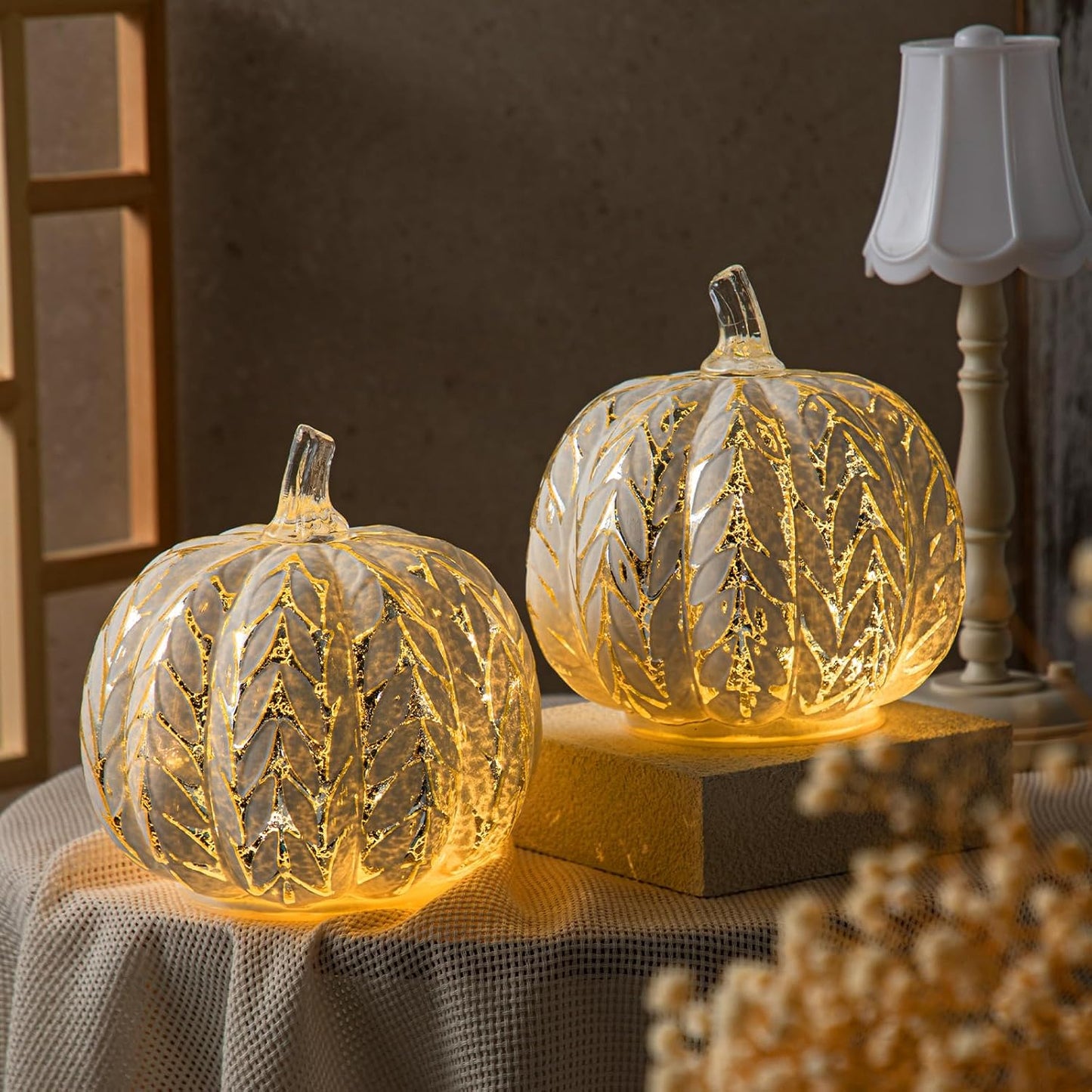 Glooglitter 2 Pcs Glass Light up Pumpkin Decor with Timer Fall Table Centerpieces Mercury Glass LED Battery Operated Pumpkin for Autumn Halloween Thanksgiving Home Table Centerpieces Kitchen Indoors