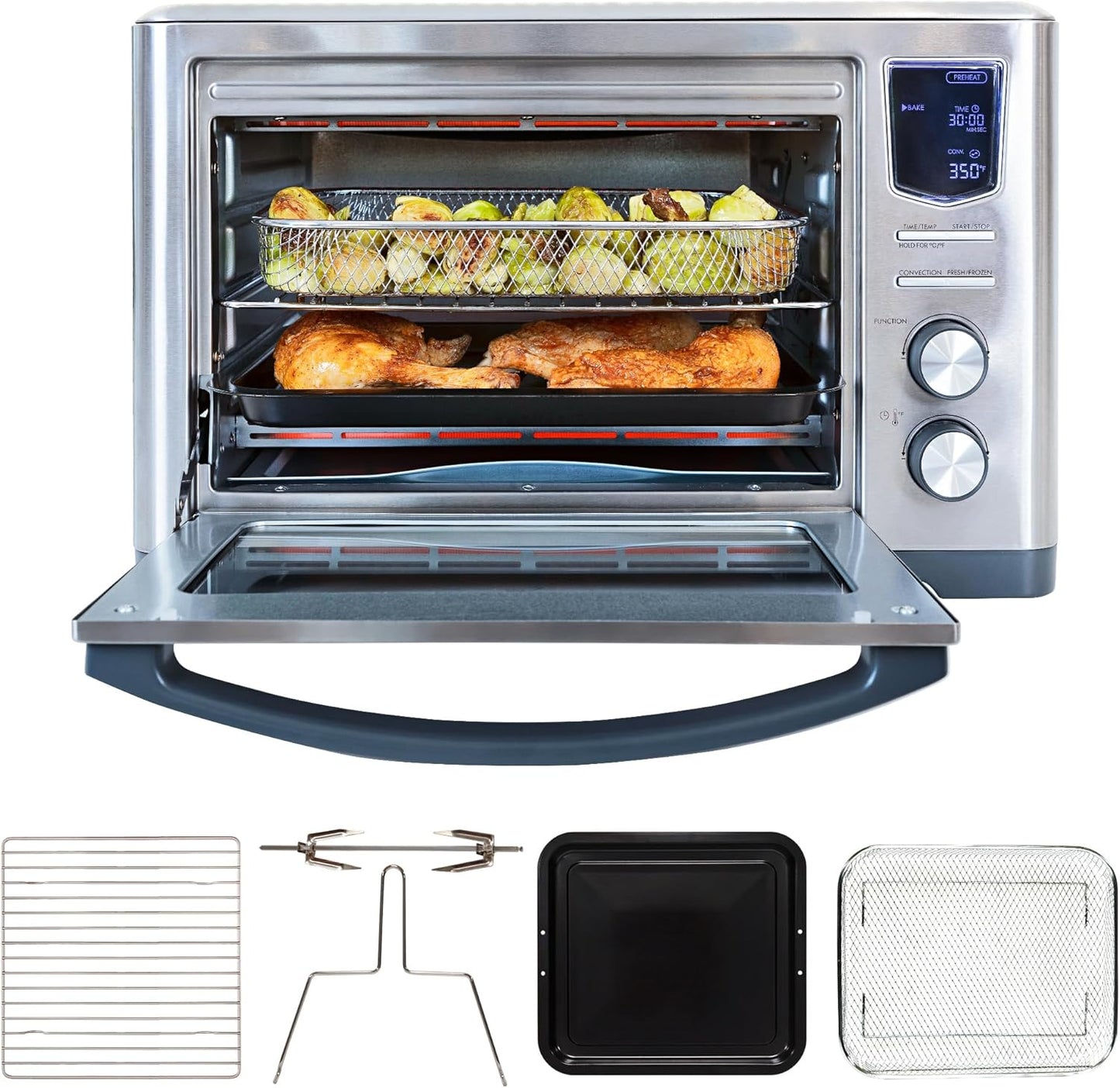 Kenmore Toaster Oven Air Fryer - Fry Chicken, Rotisserie, Bake Bread, Cookie, Pizza Dehydrator Racks Convection Kitchen Appliances 26 Quart Horno Freidora De Aire Stainless Steel