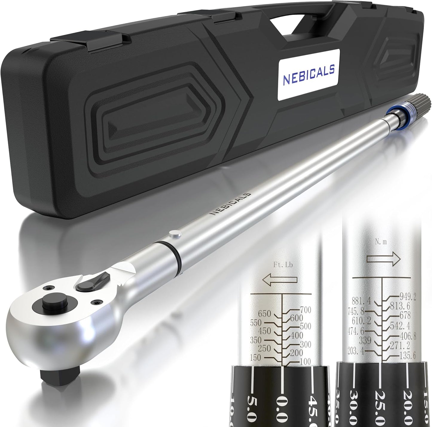 NEBICALS 3\/4'' Inch Drive Torque Wrench 100-700 Ft Lb \/ 135-949NM \/High hardness & strength\/Long lifetime\/Less effort for Off-road equipment\/Truck\/Motor homes\/Drilling platform\/Excavator