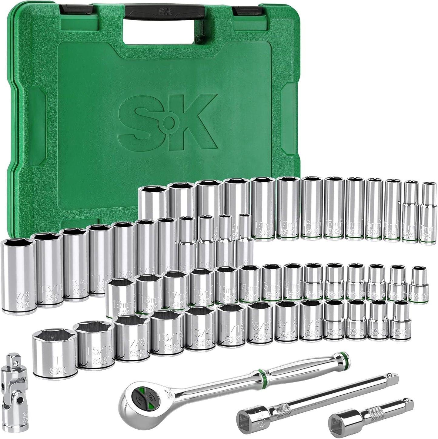 SK 3/8" Drive Socket Set with 160-P Ratchet, 55-Piece, SAE & Metric, SuperKrome Finish, Premium CR-V Construction, with Storage Suitcase