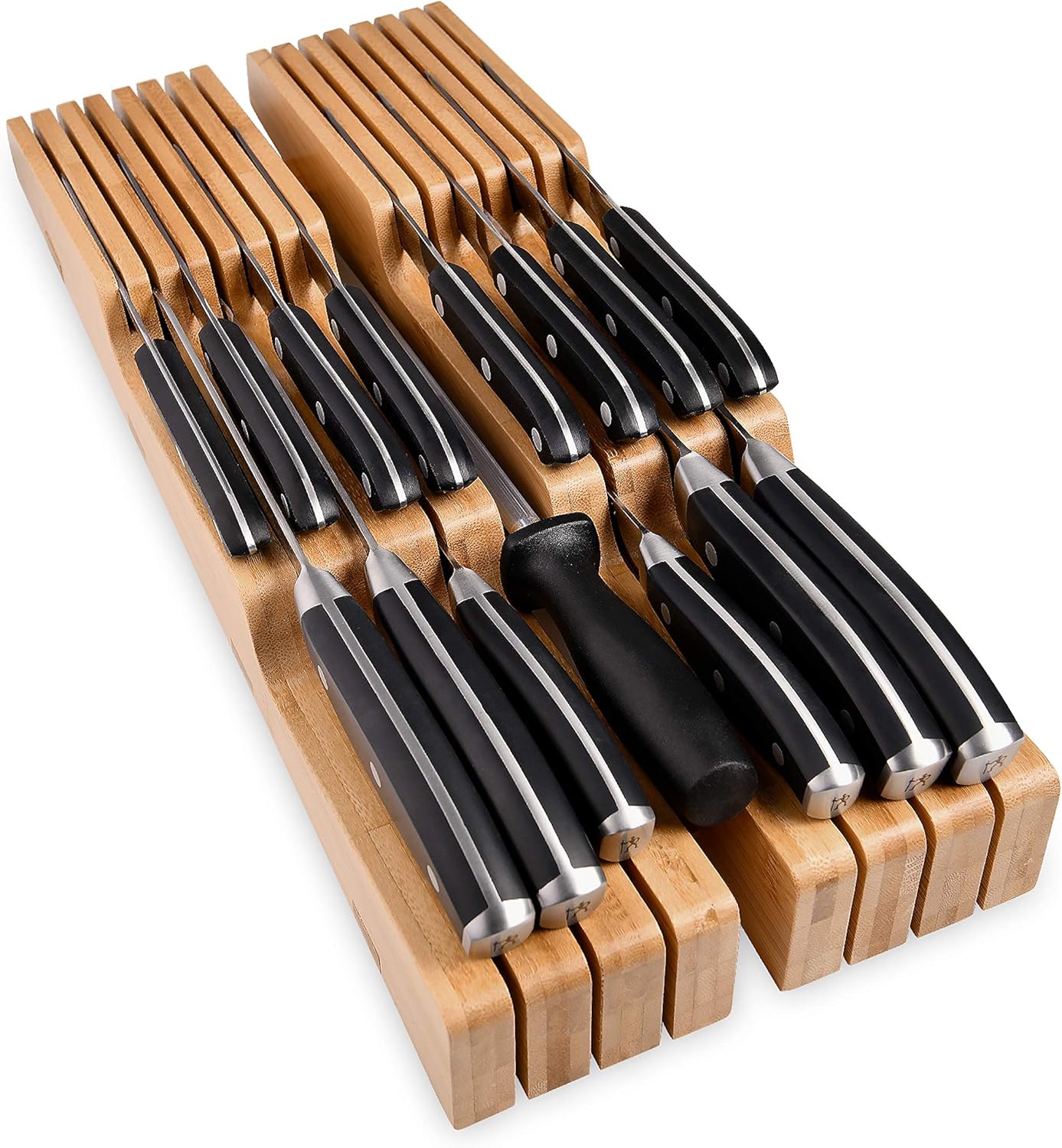 Homemaid Living In Drawer Knife Block Bamboo, Holds 16 Knives + Knife Sharpener Slot, Knife Organizer for Kitchen Drawer, Knife Drawer Organizer, Drawer Insert, Drawer Knife Holder (2" tall, 17" deep)