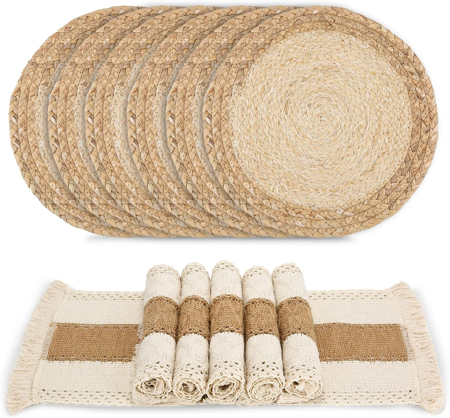 Zology Handmade Boho Placemats Set of 6 - Natural Cotton Burlap and Water Straw Woven Combination Table Mats, Macrame Décor and Farmhouse Style Placemats, for Dining Table Kitchen