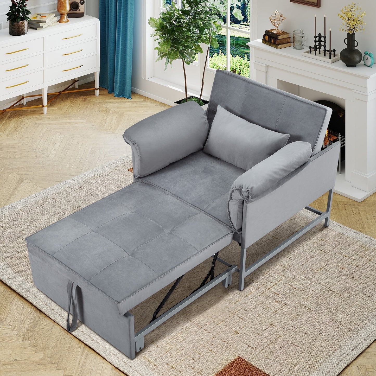 AENKYO 3-in-1 Convertible Sleeper Chair Bed with Adjustable Backrest, Velvet Chaise Lounge Sofa for Small Spaces, Gray