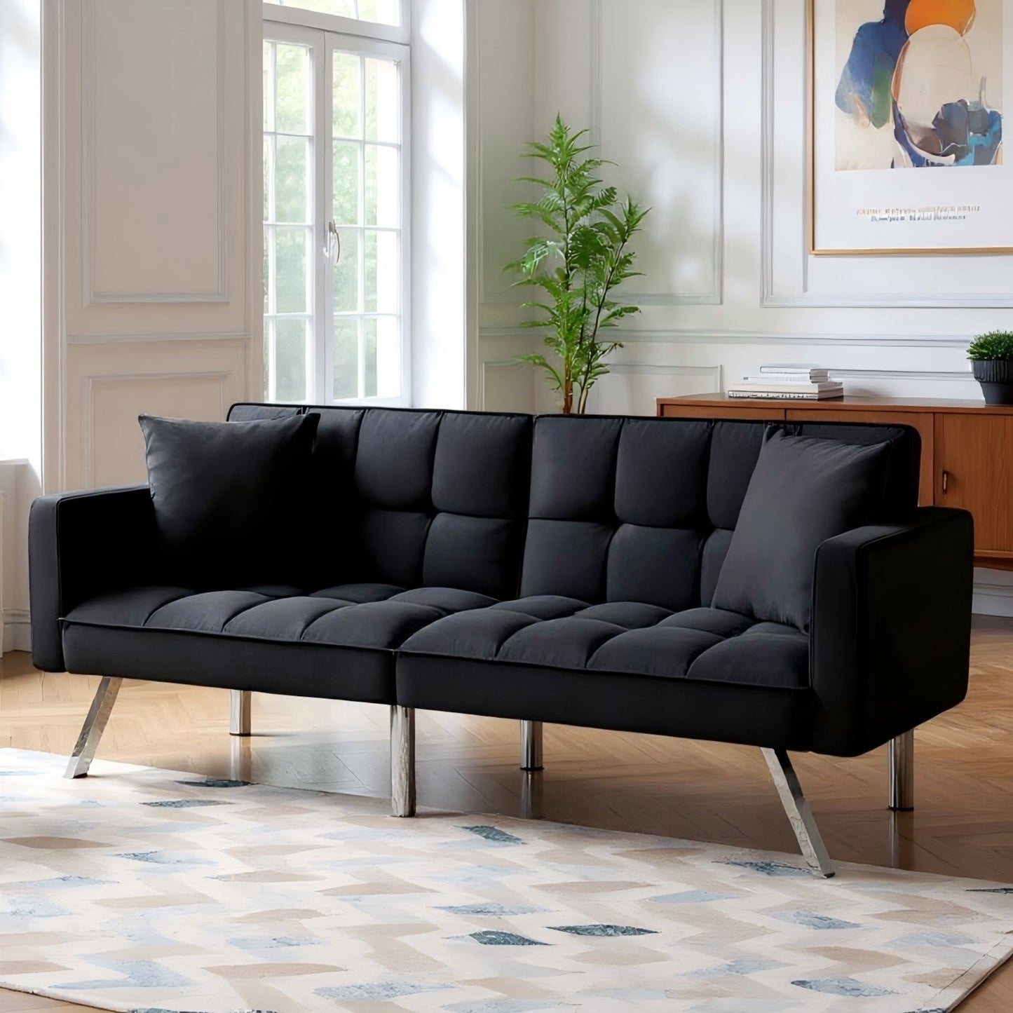 BSHTI Modern Velvet Futon Sofa Bed,Upholstered Tufted Convertible Sofa Sleeper with 2 Pillow(Black)