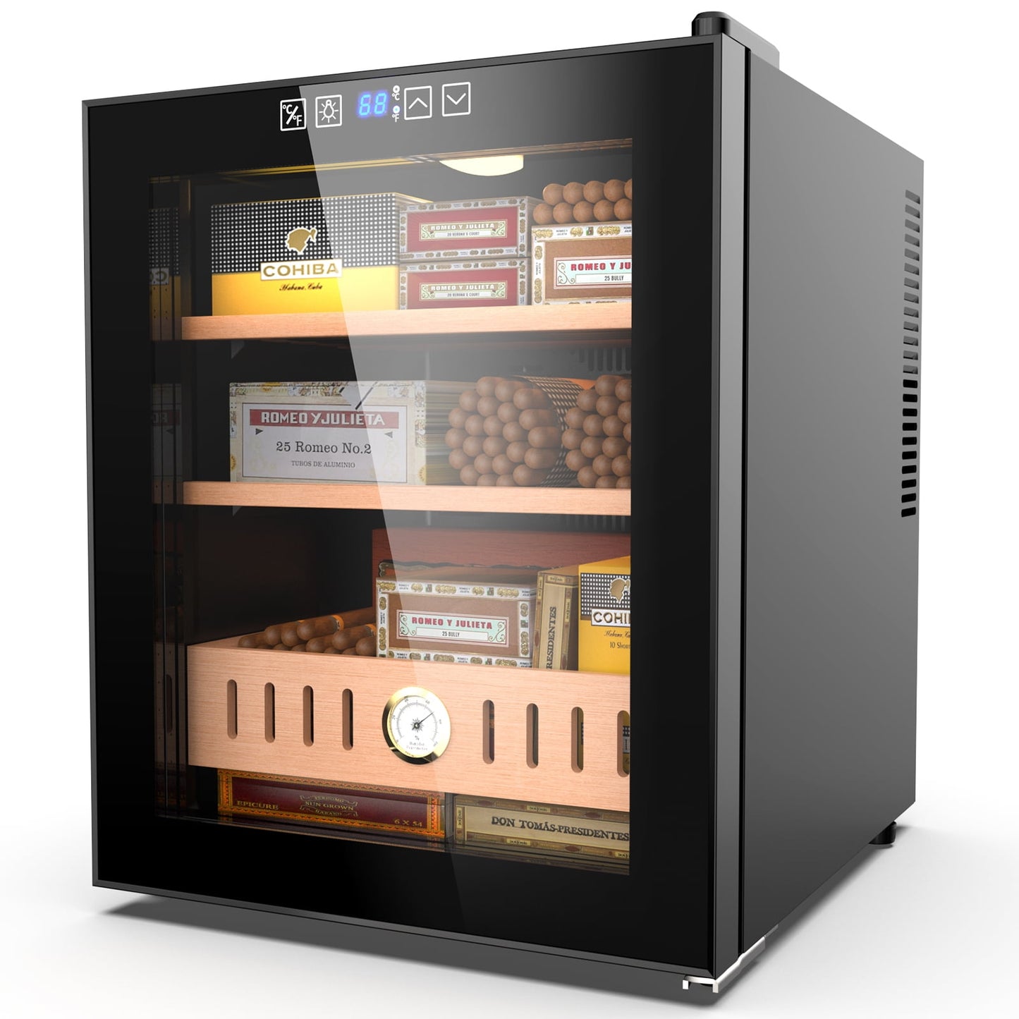Joreek 50L Electric Cigar Humidor Cabinet Large Capacity 300 Count LED Digital Display,with Spanish Cedar Wooden Drawer & Shelf Built-in LED Light(only cooling)
