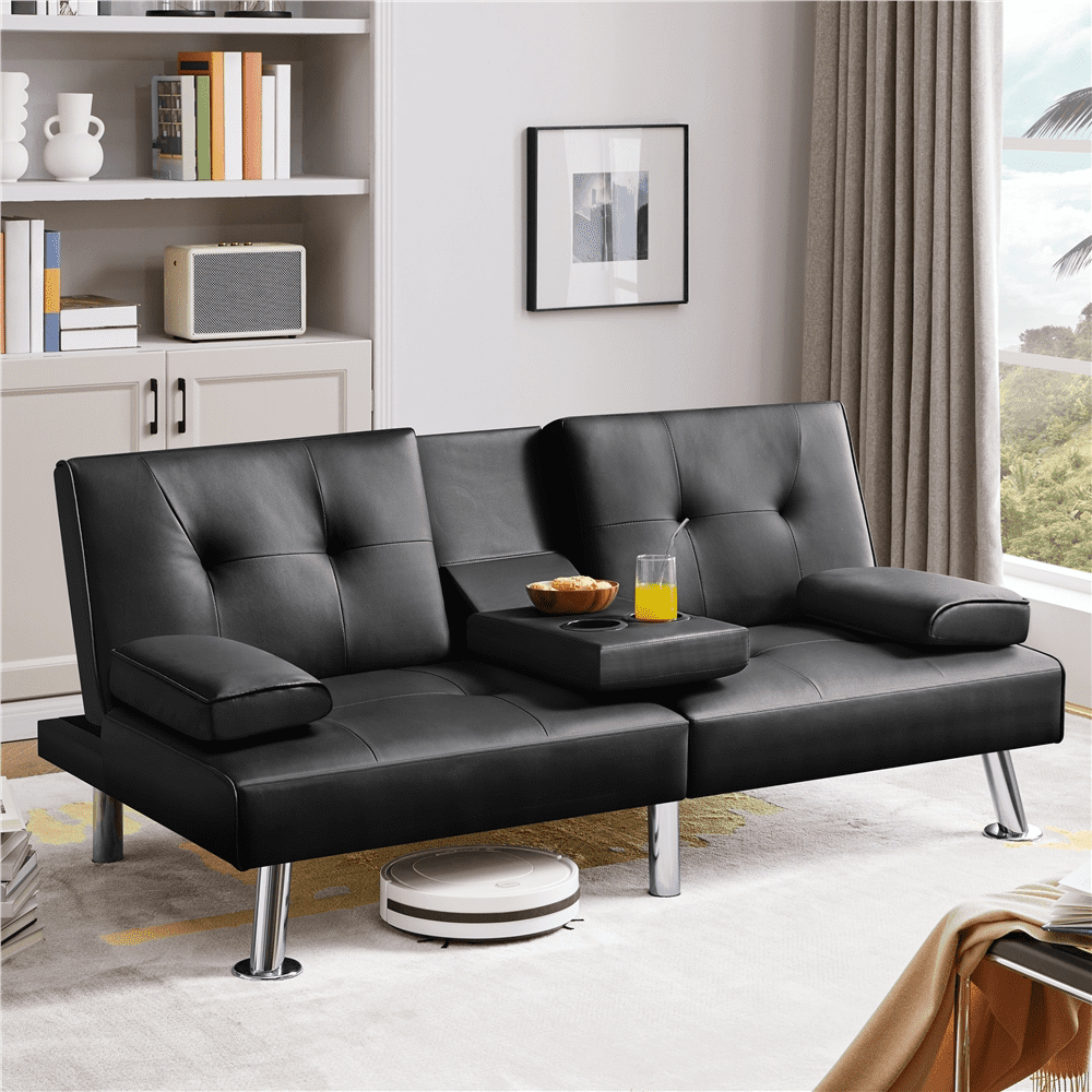 Renwick Modern Faux Leather Futon Sofa Bed Convertible Folding Couch with Cup Holders, Black