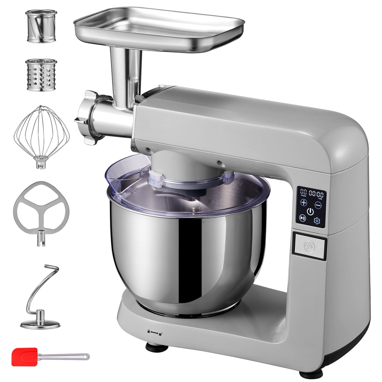 SKYSHALO 7.3 qt Stand Mixer, Gray with Scraper, Meat Grinder, Sausage Stuffers