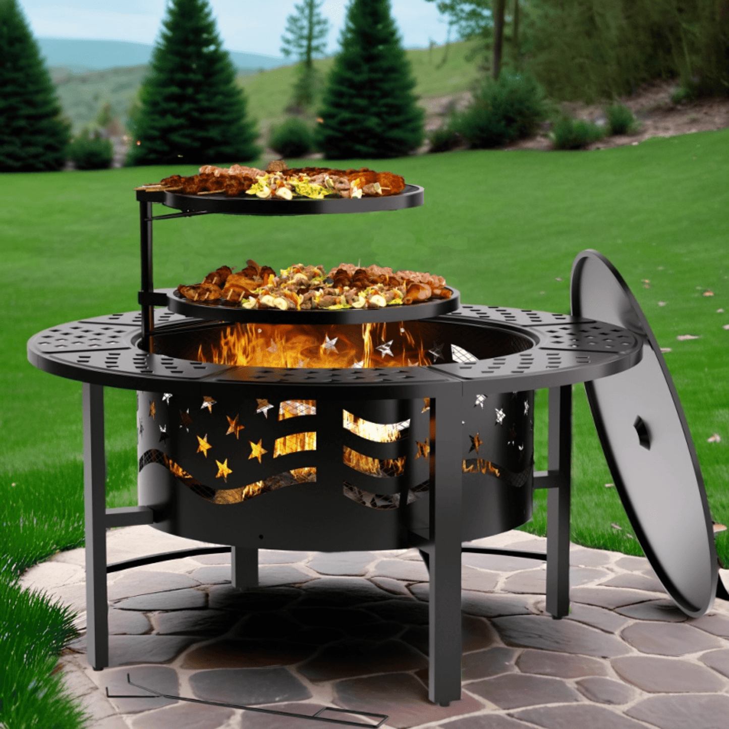 TrumanPick Fire Pit for Outside 42" Wood Burning Fire Pit Tables with 2 Adjustable Swivel BBQ Grills, Lid, Poker for Patio Backyard BBQ Ice Storage