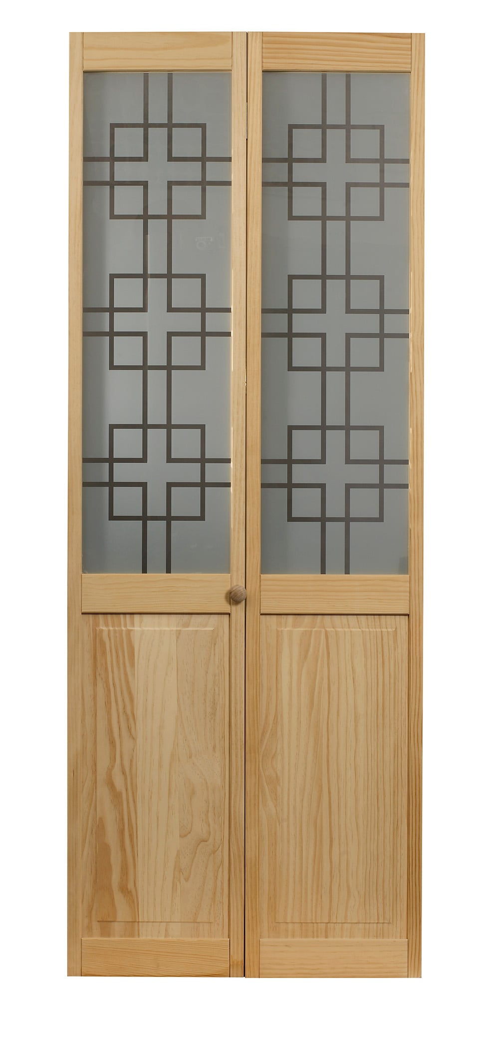 Pinecroft Geometric 32-in x 80-in Pine Wood 2-panel Patterned glass Smooth Solid core Unfinished Pine Wood Closet Bifold Door ( Hardware Included )
