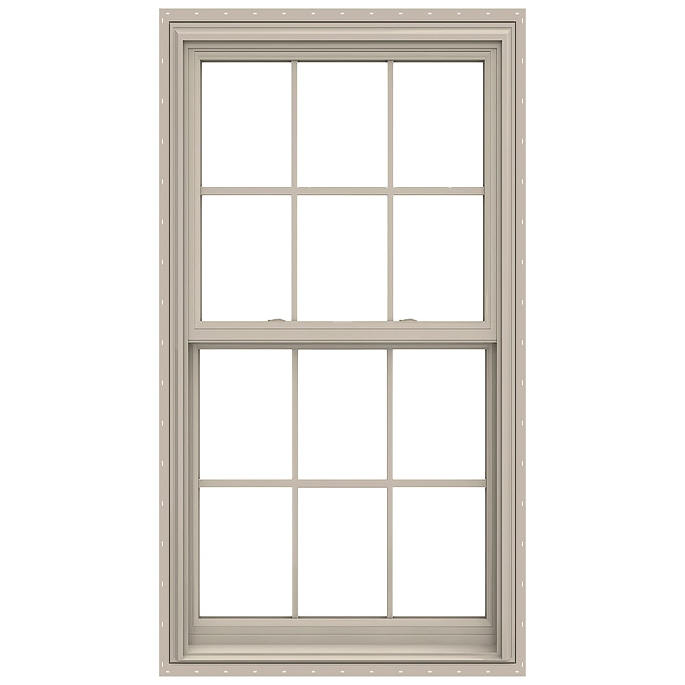JELD-WEN V-2500 Desert Sand Exterior Desert Sand Interior Vinyl New construction Double Hung Window Low-E argon Double Pane Glass with Grids (Full Screen Included)