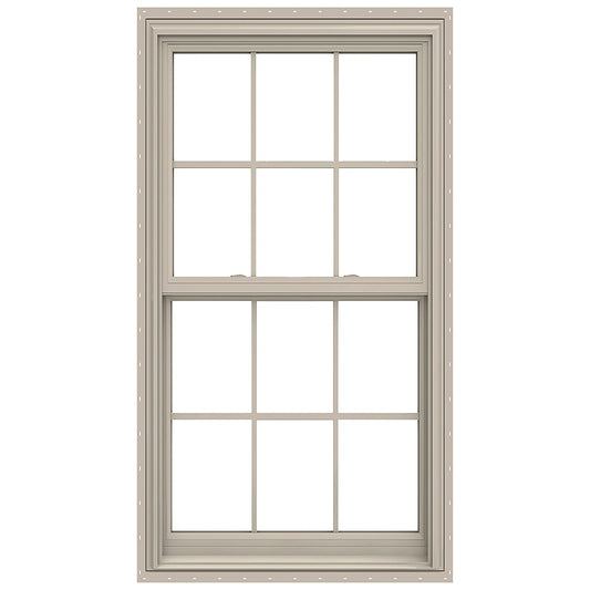 JELD-WEN V-2500 Desert Sand Exterior Desert Sand Interior Vinyl New construction Double Hung Window Low-E argon Double Pane Glass with Grids (Full Screen Included)