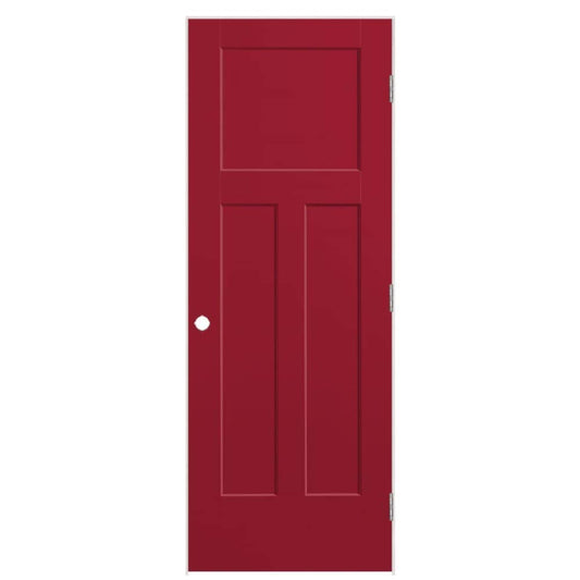 Masonite 28-in x 80-in Barn Red Hollow core 3-panel Left hand Smooth Prefinished Molded composite Flat Jamb Single Prehung Interior Door with
