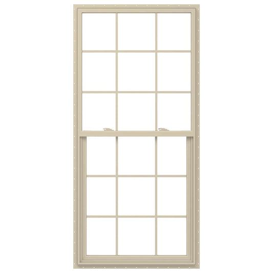 JELD-WEN V-2500 35-1/2-in x 71-1/2-in Almond Exterior Vinyl New Construction Single Hung Window Low-E argon Double Pane Glass with Grids, (Half Screen Included)