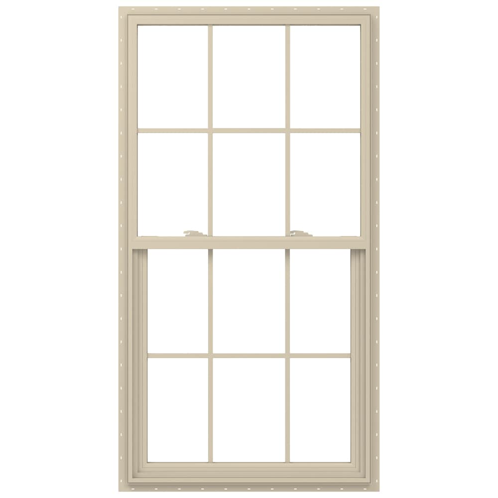 JELD-WEN V-2500 33-1/2-in x 64-1/2-in Almond Exterior Vinyl New Construction Single Hung Window Low-E argon Double Pane Glass with Grids, (Half Screen Included)