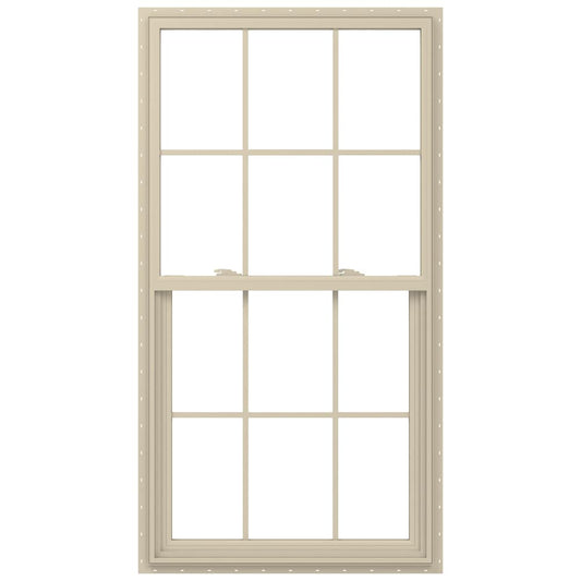 JELD-WEN V-2500 33-1/2-in x 64-1/2-in Almond Exterior Vinyl New Construction Single Hung Window Low-E argon Double Pane Glass with Grids, (Half Screen Included)