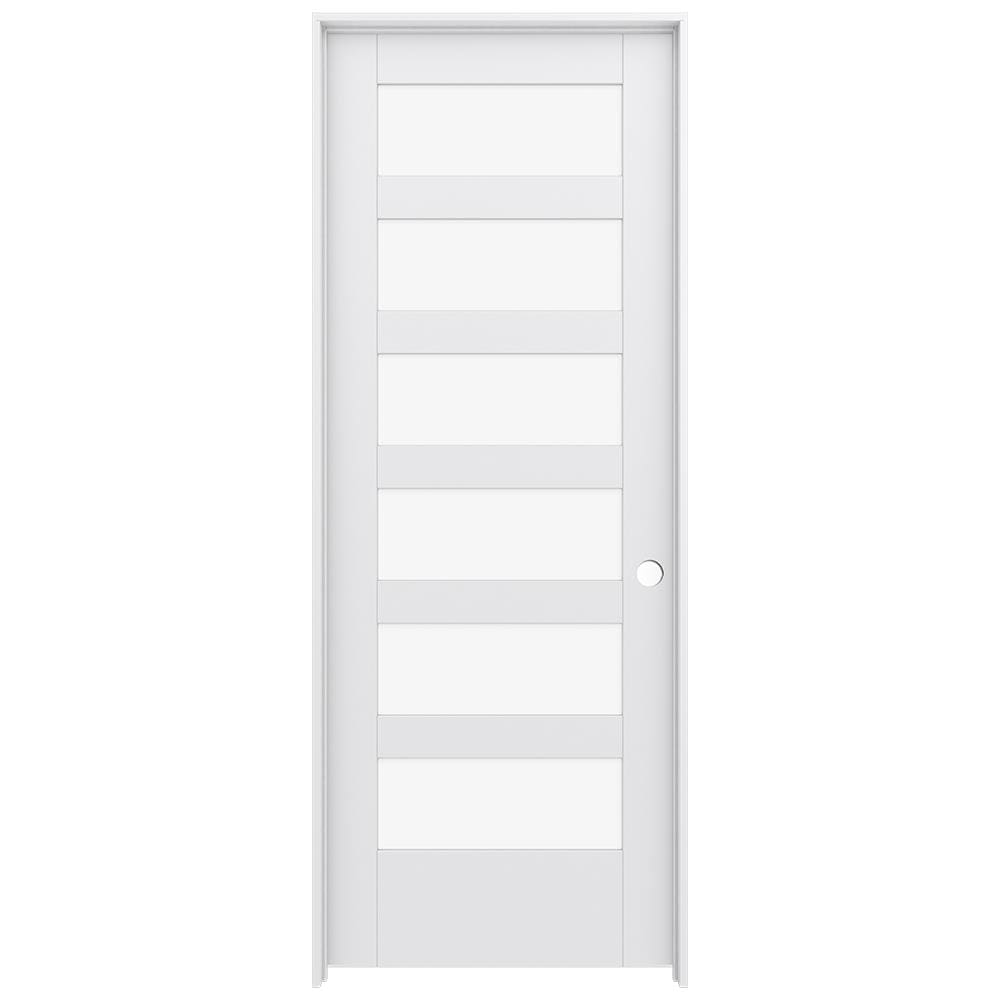 JELD-WEN 28-in x 80-in Primed Solid core 6-panel Clear glass Left hand Smooth Primed MDF Flat Jamb Single Prehung Interior Door with