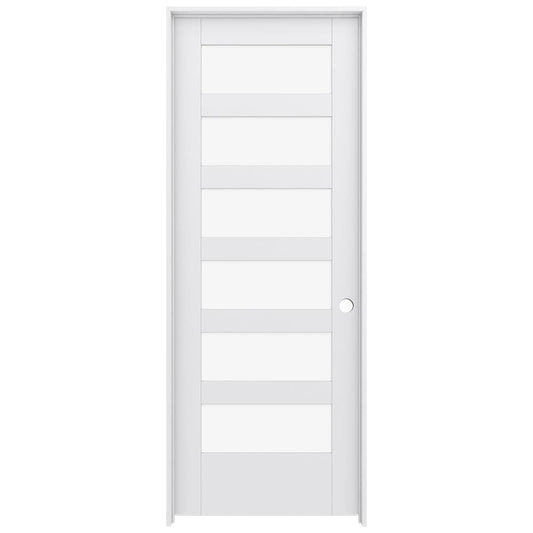 JELD-WEN 28-in x 80-in Primed Solid core 6-panel Clear glass Left hand Smooth Primed MDF Flat Jamb Single Prehung Interior Door with