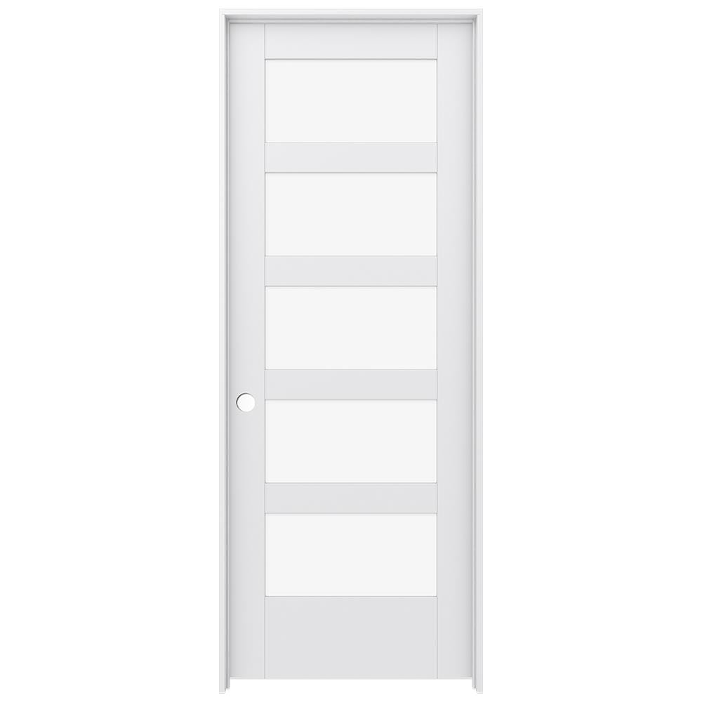 JELD-WEN 32-in x 80-in Primed Solid core 5-panel Clear glass Right hand Smooth Primed MDF Flat Jamb Single Prehung Interior Door with