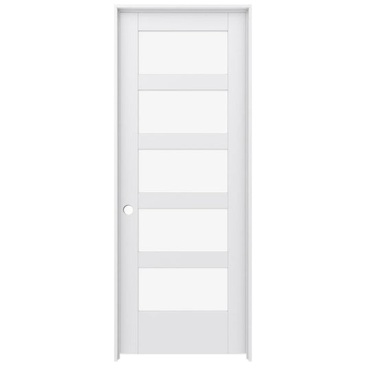 JELD-WEN 32-in x 80-in Primed Solid core 5-panel Clear glass Right hand Smooth Primed MDF Flat Jamb Single Prehung Interior Door with