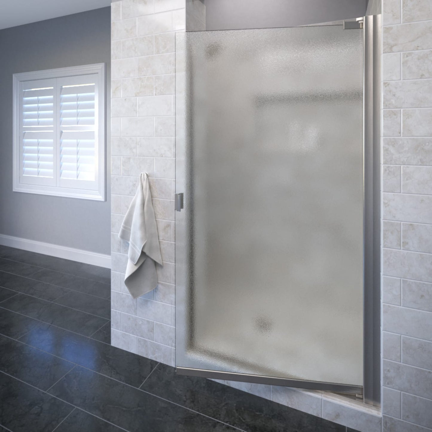 Basco Classic Brushed nickel 28-5/8-in to 30-1/8-in W x 66.0-in H Frameless Frosted/Patterned Glass Pivot Shower door