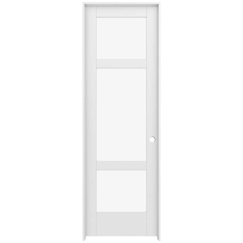 JELD-WEN 24-in x 96-in Primed Solid core 3-panel Clear glass Left hand Smooth Primed MDF Flat Jamb Single Prehung Interior Door with