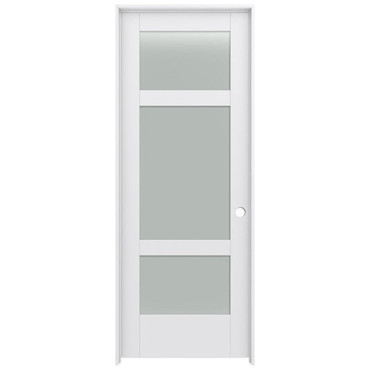 JELD-WEN 24-in x 80-in Primed Solid core 3-panel Frosted glass Left hand Smooth Primed MDF Flat Jamb Single Prehung Interior Door with