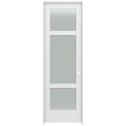 JELD-WEN 28-in x 96-in Primed Solid core 3-panel Frosted glass Left hand Smooth Primed MDF Flat Jamb Single Prehung Interior Door with