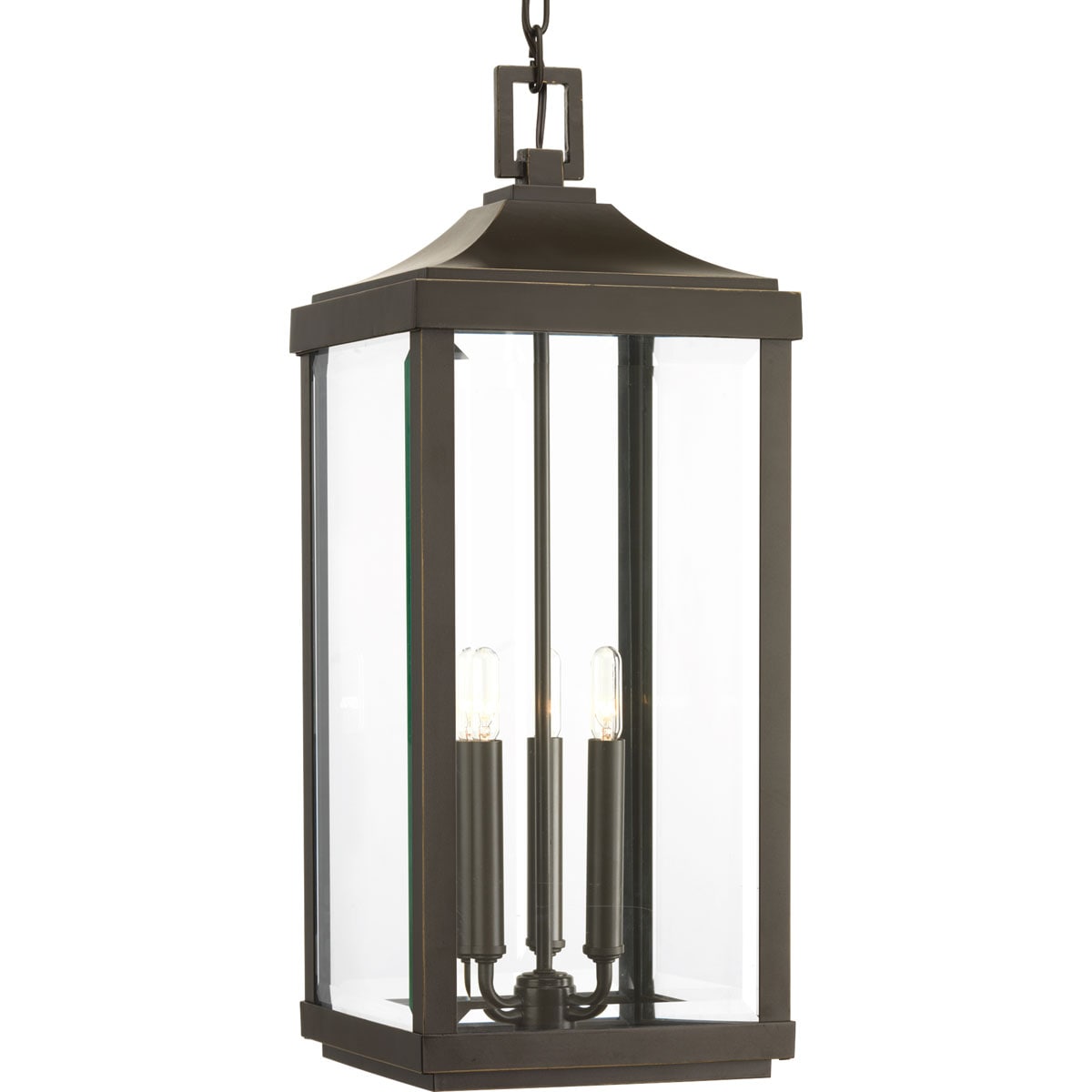 Progress Lighting Gibbes Street 3 -Light Antique Bronze Traditional Beveled glass Lantern Small Indoor/Outdoor Hanging Pendant light