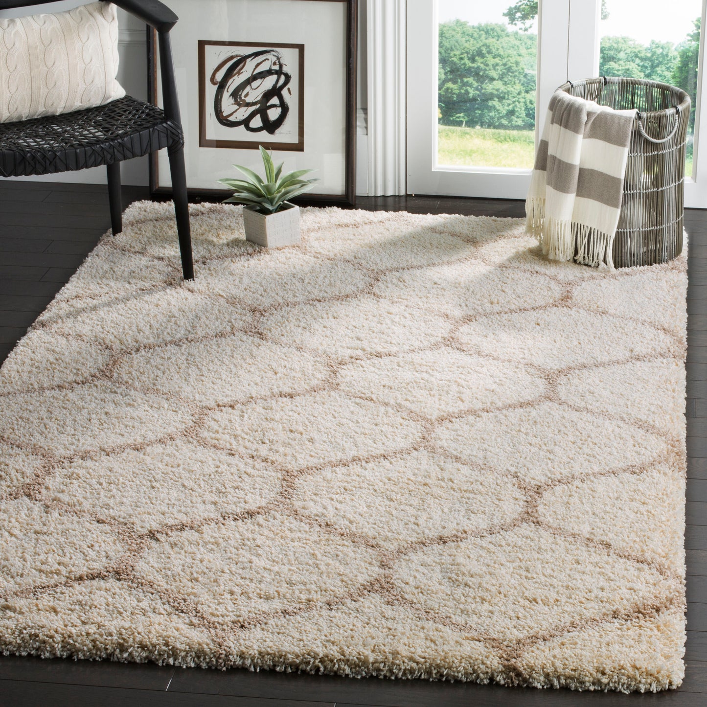 Safavieh Hudson Hathaway Shag 10 x 14 (ft) Loomed Polypropylene Ivory/Beige Rectangular Indoor Trellis Spot Clean Only Area rug