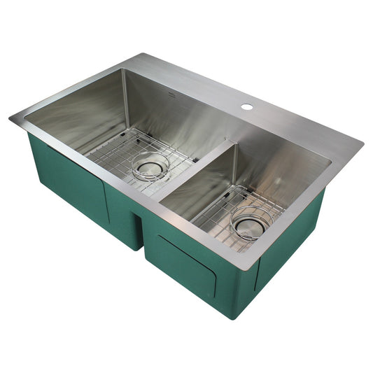 Transolid Diamond Drop-in or undermount 33.0-in x 22.0-in Stainless steel Double offset bowl 16 -Gauge Kitchen Sink All-in-One Kit