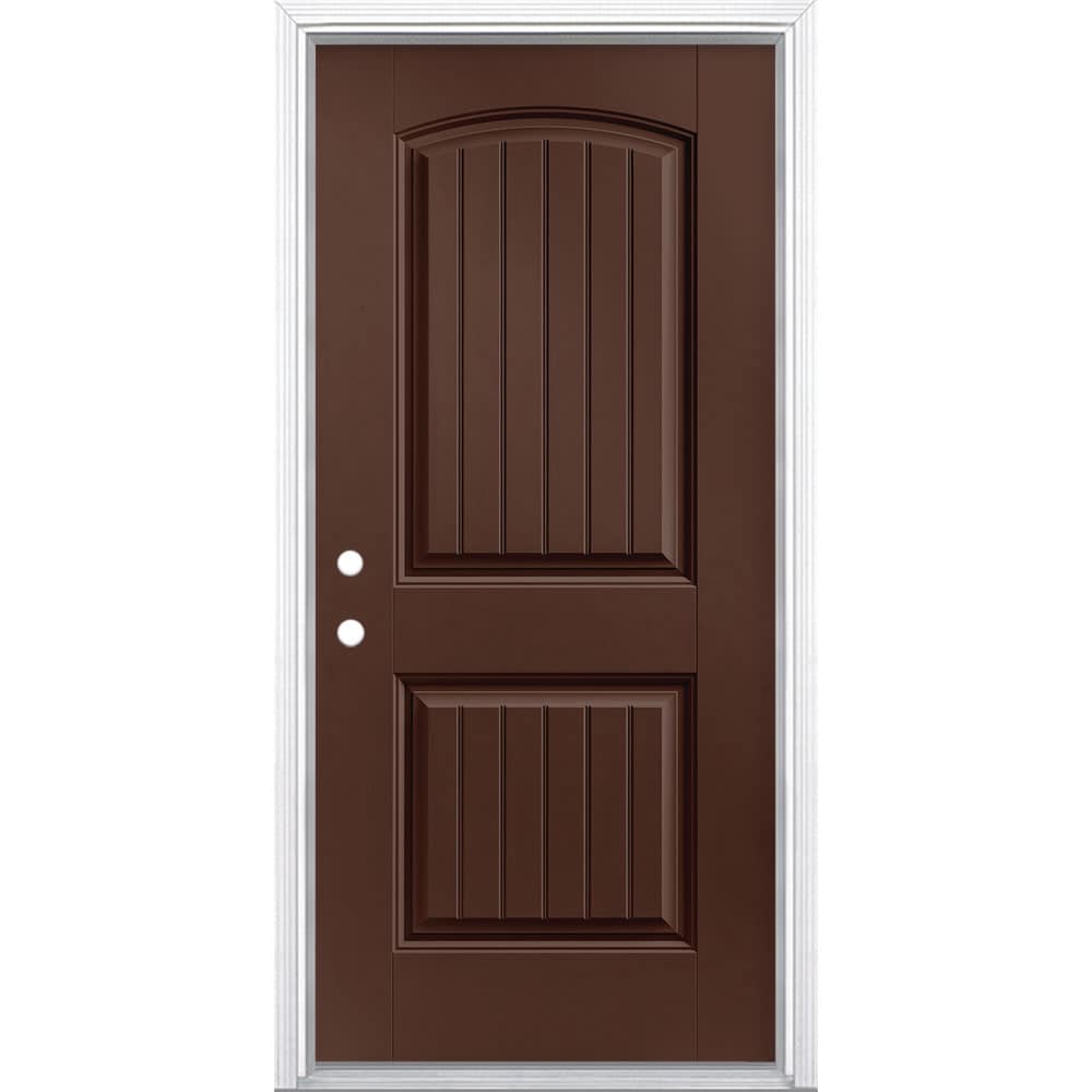 Masonite 36-in x 80-in x 4-9/16-in Fiberglass No glass Right-hand inswing Chocolate Painted Prehung Front Door with Brickmould Insulating core