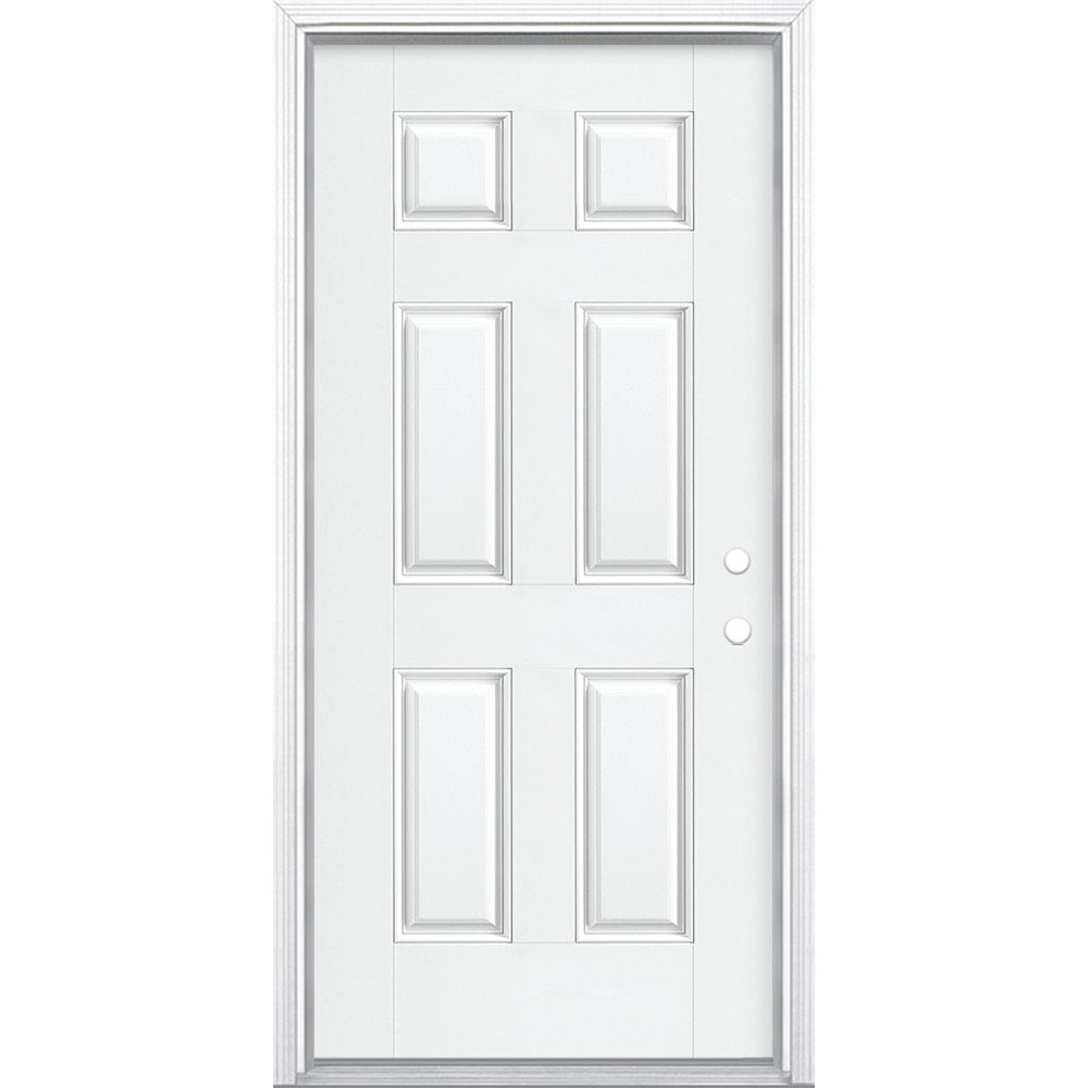 Masonite 36-in x 80-in x 4-9/16-in Fiberglass No glass Left-hand inswing Modern white Painted Prehung Front Door with Brickmould Insulating core