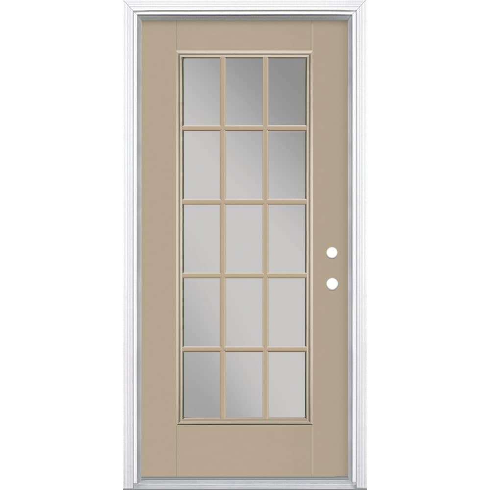 Masonite 36-in x 80-in x 4-9/16-in Fiberglass Full lite Left-hand inswing Sandy Shore Painted Prehung Front Door with Brickmould Insulating core with Grilles