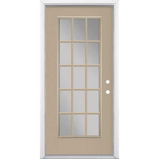 Masonite 36-in x 80-in x 4-9/16-in Fiberglass Full lite Left-hand inswing Sandy Shore Painted Prehung Front Door with Brickmould Insulating core with Grilles