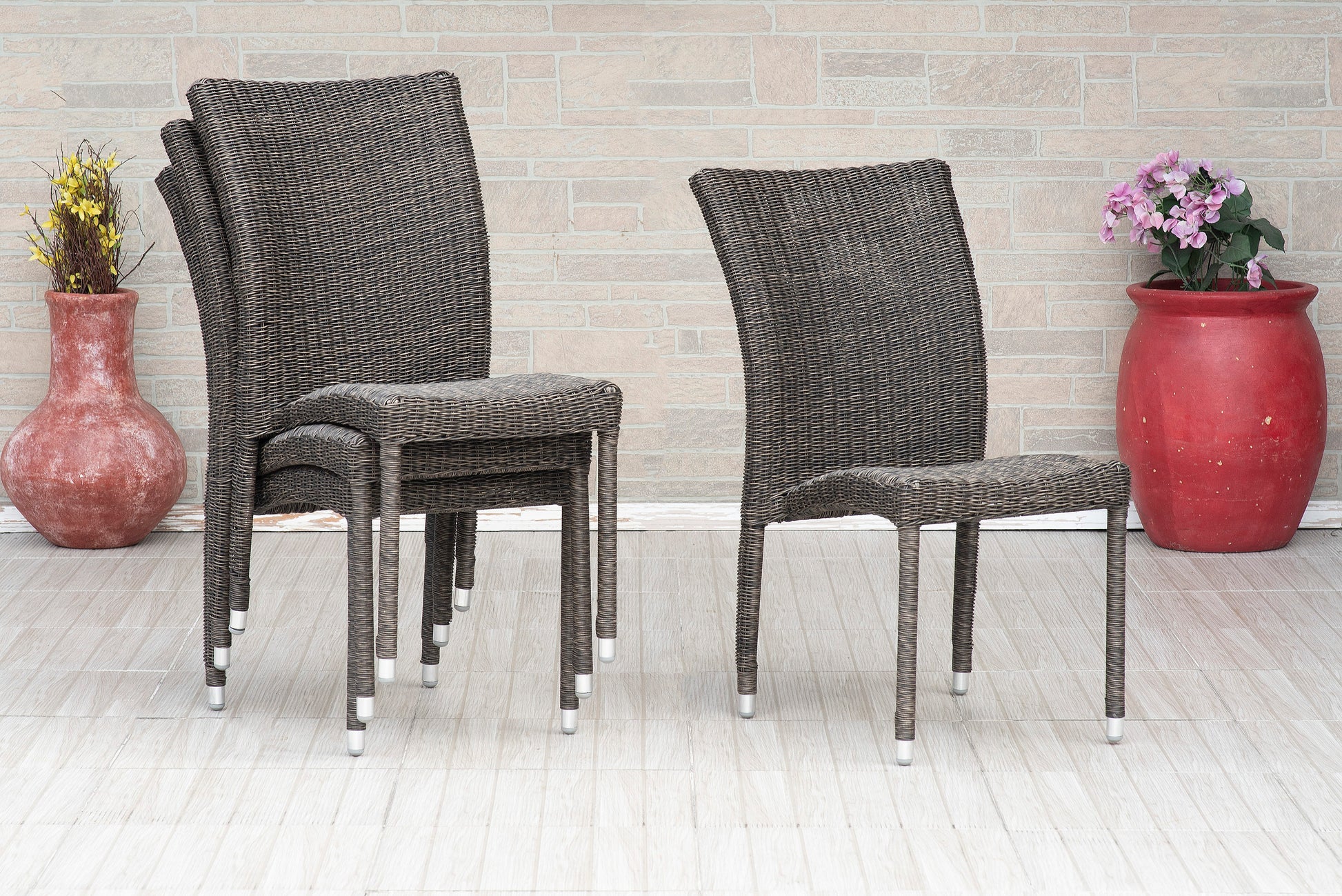 Amazonia Atlantic Set of 4 Wicker Stackable Brown Aluminum Frame Stationary Dining Chair with Woven Seat
