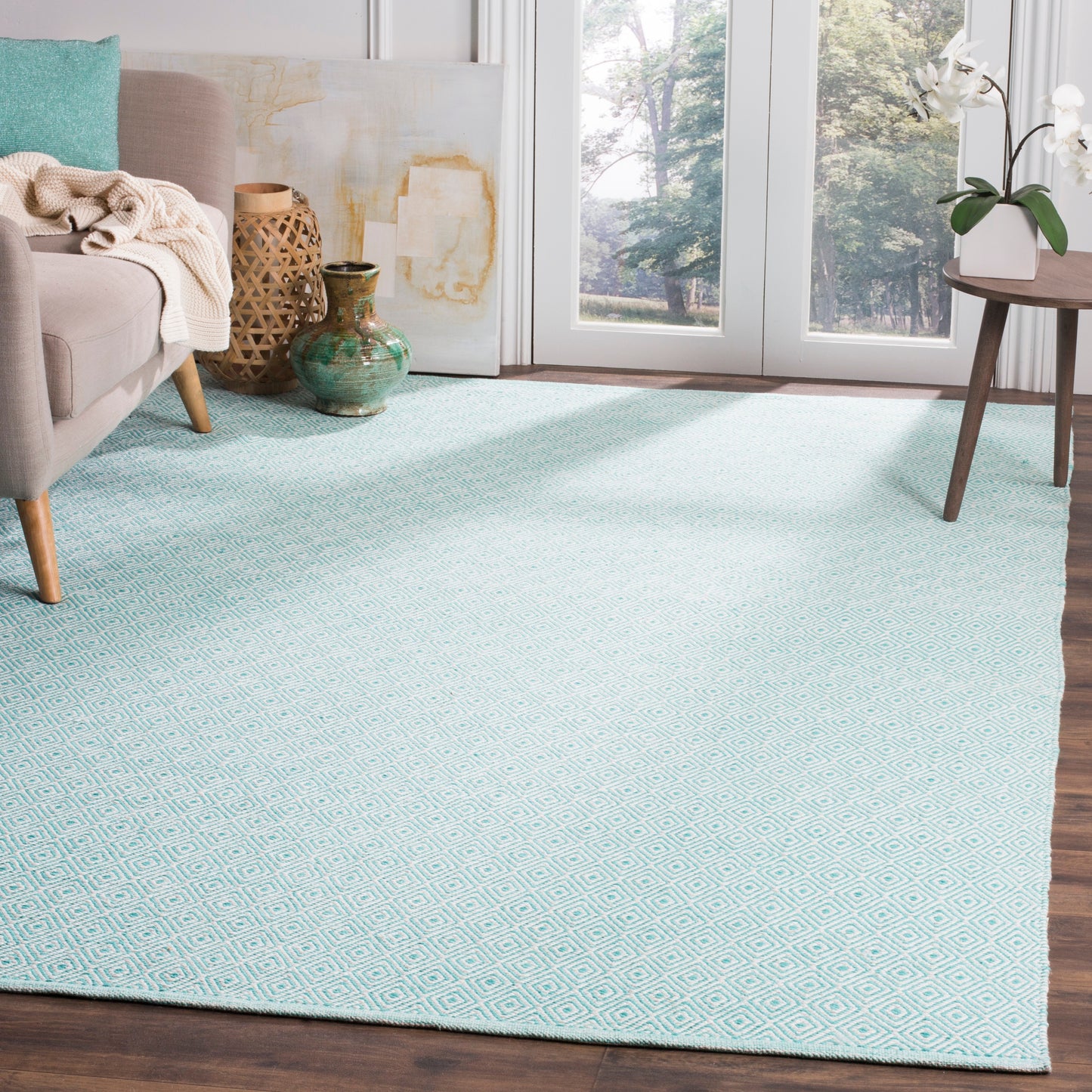 Safavieh Montauk Lucie 9 x 12 (ft) Cotton Ivory/Aqua Rectangular Indoor Geometric Coastal Spot Clean Only Area rug
