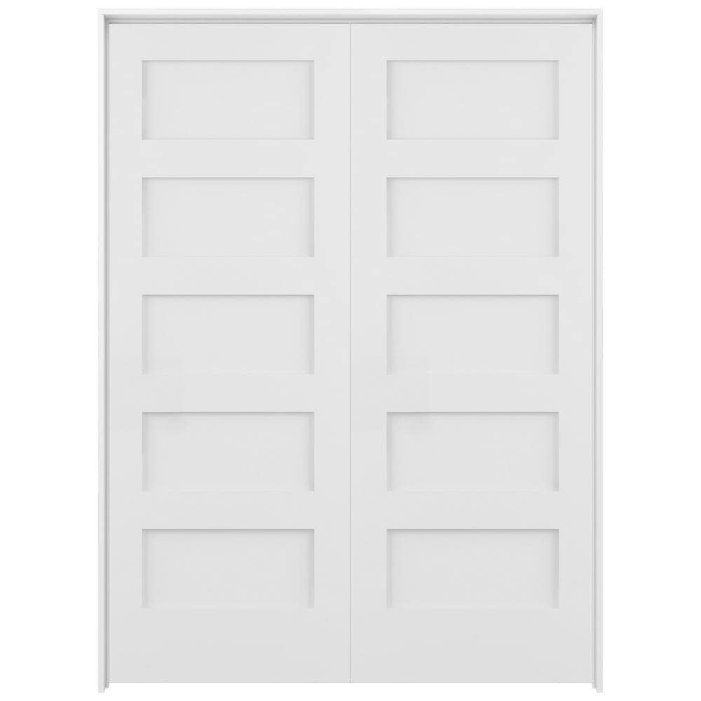 RELIABILT 48-in x 80-in Primed Solid core 5-panel Reversible/Universal Smooth Primed Pine Wood Flat Jamb Double Prehung Interior Door with