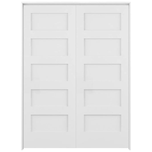 RELIABILT 48-in x 80-in Primed Solid core 5-panel Reversible/Universal Smooth Primed Pine Wood Flat Jamb Double Prehung Interior Door with