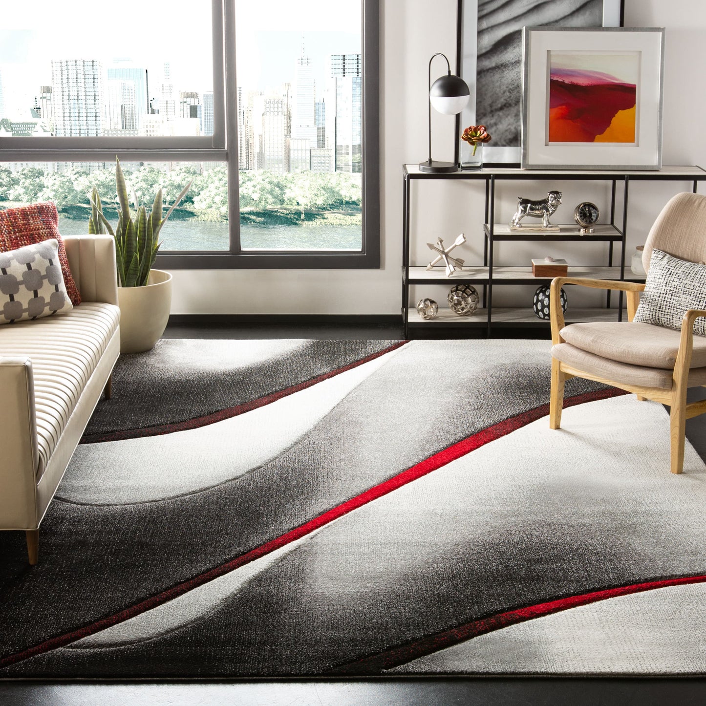 Safavieh Hollywood Vinese 9 x 12 (ft) Loomed Polypropylene Gray/Red Rectangular Indoor Abstract Mid-Century Modern Spot Clean Only Area rug