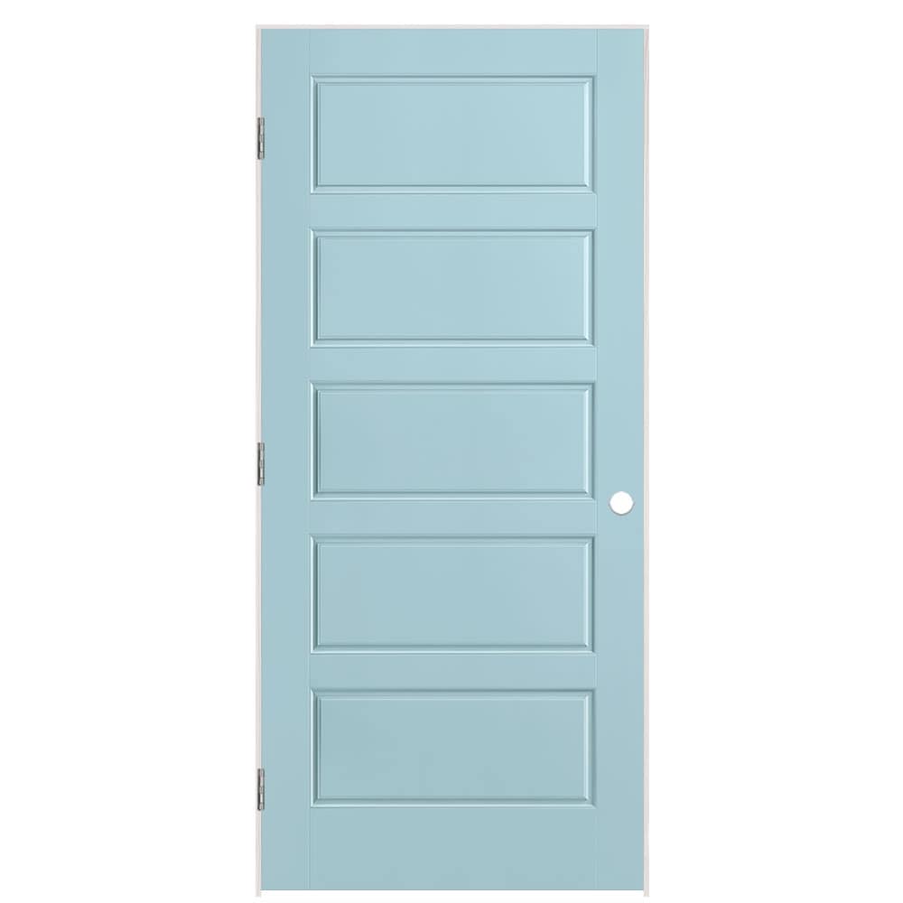 Masonite 36-in x 80-in Sea Mist Hollow core 5-panel Right hand Smooth Prefinished Molded composite Flat Jamb Single Prehung Interior Door with