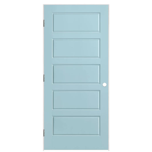 Masonite 36-in x 80-in Sea Mist Hollow core 5-panel Right hand Smooth Prefinished Molded composite Flat Jamb Single Prehung Interior Door with