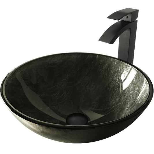 VIGO Vessel sink Glass 17-in Vessel Round Modern Gray onyx Bathroom Sink with Faucet Included with Drain Included