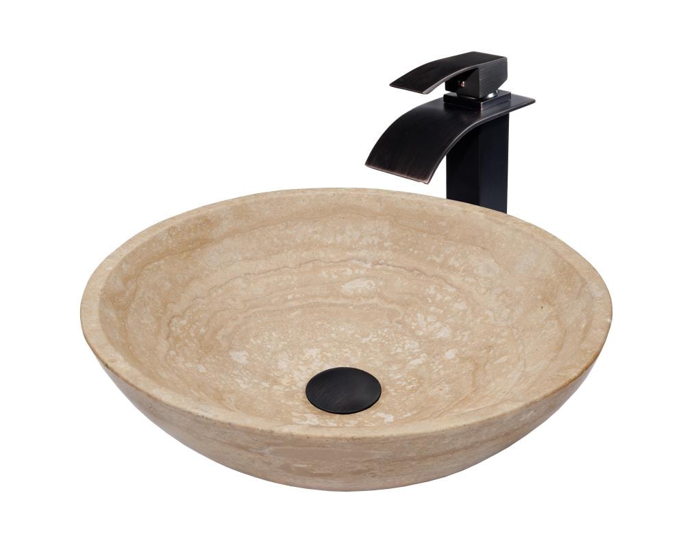 Novatto Natural Stone 17-in Vessel Round Traditional Beige/Oil Rubbed Bronze Bathroom Sink with Faucet Included with Drain Included