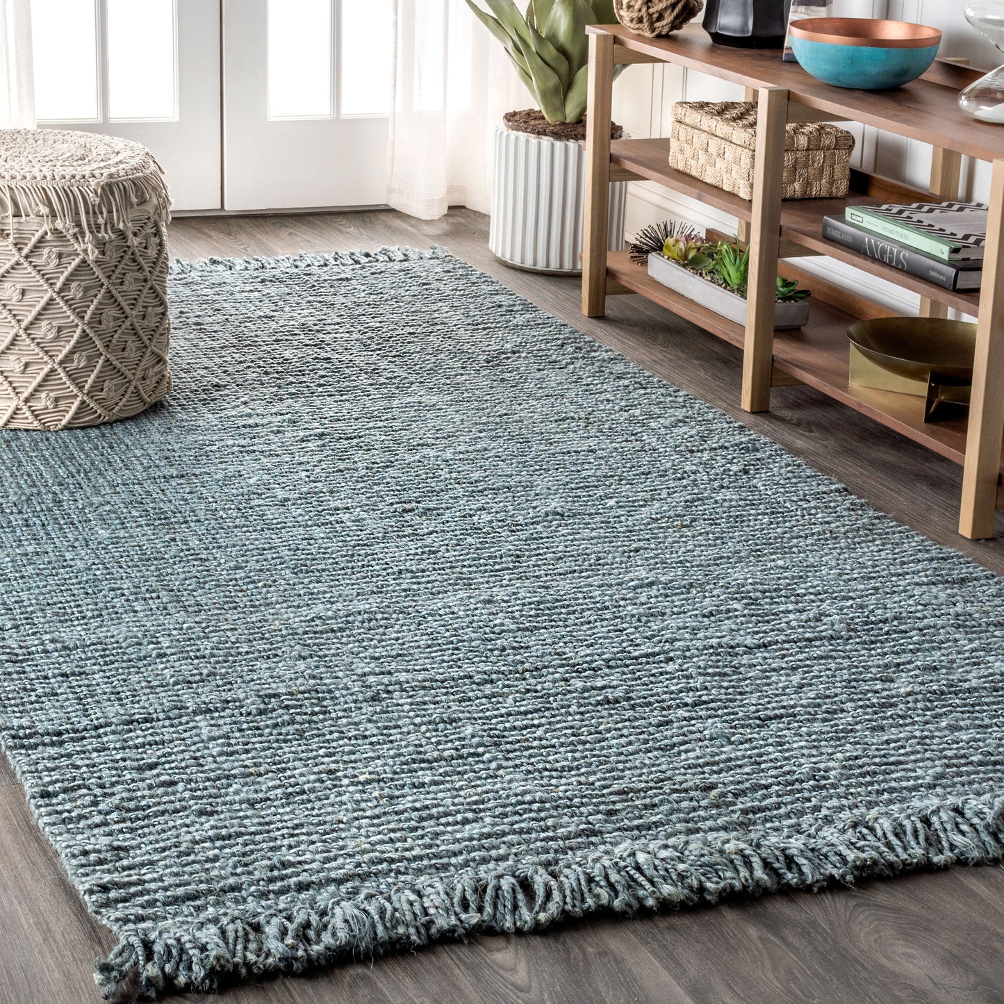 JONATHAN  Y FIBER Pata Handwoven Fringe Chunky 9 x 12 (ft) Flatweave Jute Light Blue/Gray Rectangular Indoor Geometric Bohemian/Eclectic Spot Clean Only Pet Friendly Area rug