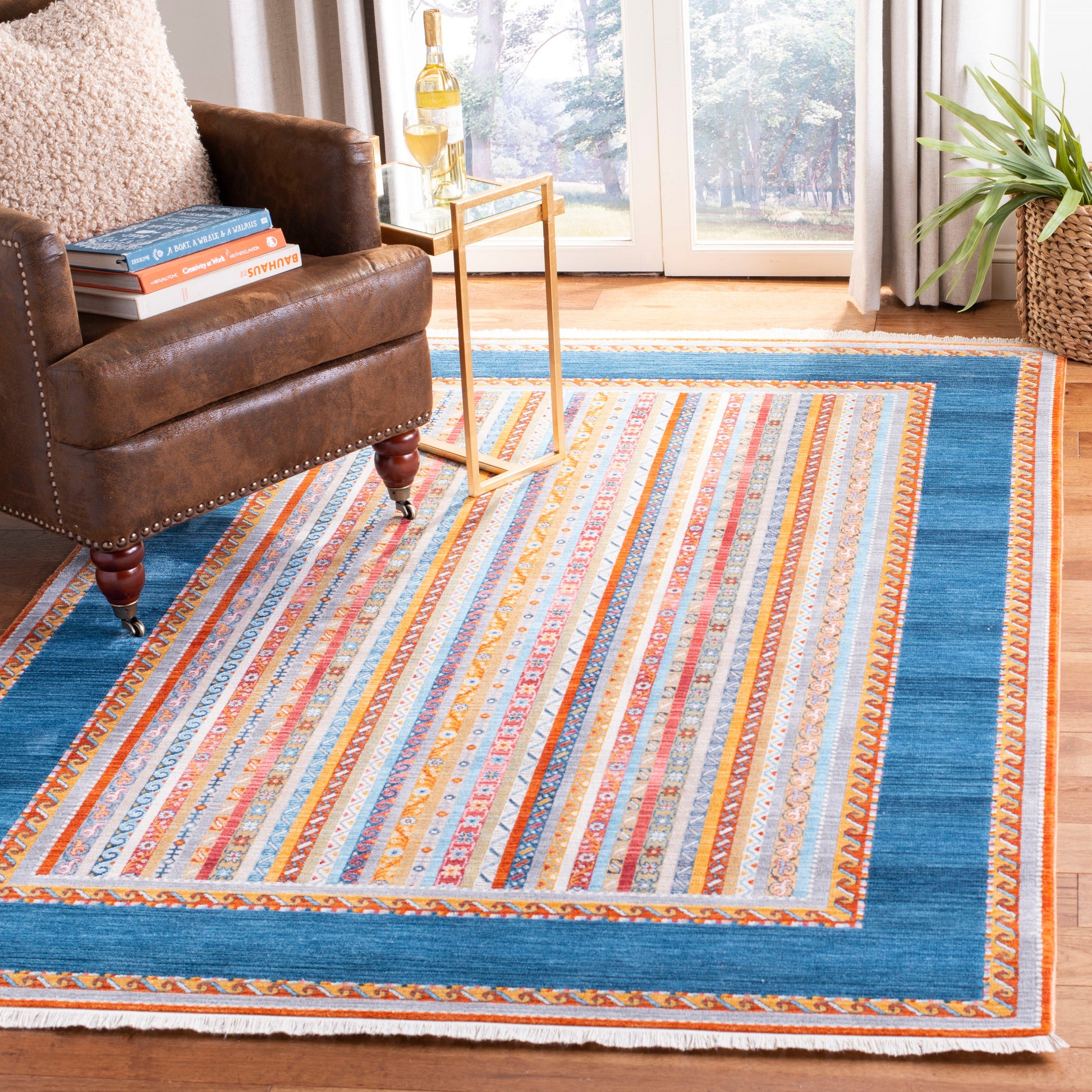 Safavieh Bokhara Rettie 8 x 10 (ft) Loomed Polyester Blue/Orange Rectangular Indoor Stripe Bohemian/Eclectic Spot Clean Only Area rug