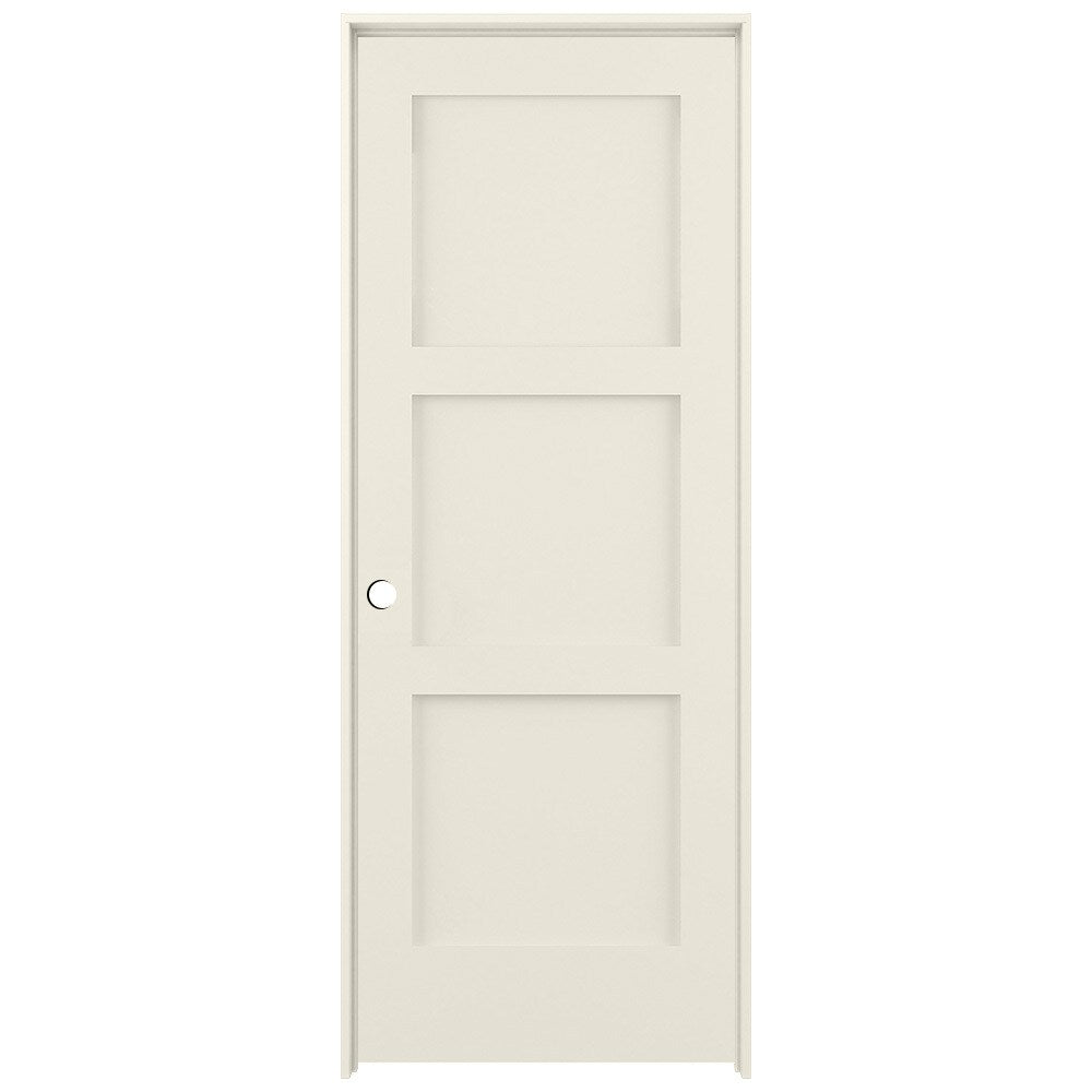 RELIABILT 36-in x 80-in Moonglow Solid core 3-panel Right hand Smooth Prefinished Pine Wood Flat Jamb Single Prehung Interior Door with