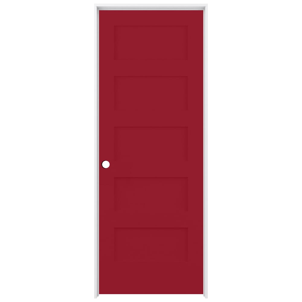 RELIABILT 28-in x 80-in Barn Red Solid core 5-panel Right hand Smooth Prefinished Pine Wood Flat Jamb Single Prehung Interior Door with