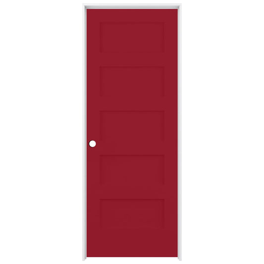 RELIABILT 28-in x 80-in Barn Red Solid core 5-panel Right hand Smooth Prefinished Pine Wood Flat Jamb Single Prehung Interior Door with